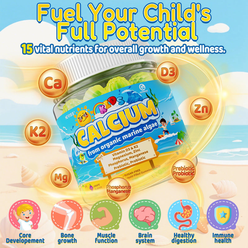 Kids Calcium Gummies + Vitamin D3 (1000IU/2000IU), K2, Magnesium, Phosphorus, Probiotic, Algae Calcium Supplement for Kids 4+ & Teens for Bones & Teeth, Extra Calcium Absorption, Sugar Free, 60 Counts 60 Count (Pack of 1)