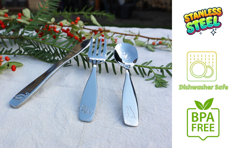 [Australia] - Exzact Kids Flatware 6 Pieces Stainless Steel Children Silverware 2 x Forks, 2 x Knives, 2 x Spoons,Toddler Utensils, Dishwasher Safe, 24 Months+ (Dinosaurs Engraved) 6 Piece Set Dinosaurs x 6 