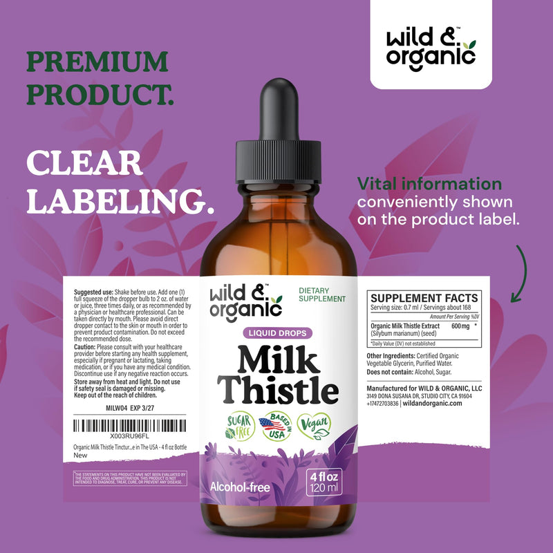 [Australia] - Wild & Organic Milk Thistle Liquid Drops - Liver Cleanse Detox - Silymarin Milk Thistle Supplement for Liver Support - Silybum Marianum Seed Extract Tincture - Vegan, Sugar & Alcohol-Free - 4 fl oz 4 Fl Oz (Pack of 1) 