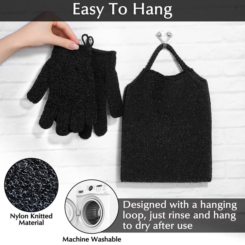 [Australia] - Anezus Exfoliating Back Scrubber Bath Gloves Set, Exfoliating Shower Towel with Shower Gloves for Body Scrub, Back Cleaner, Washing Gloves for Removing Dead Skin (Black) Black 