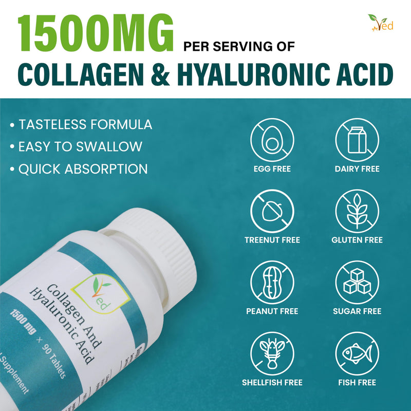 Ultra-Pure Dietary Supplement | Collagen Protein + Hyaluronic Acid | Collagen Supplement Promote Healthy Skin | 1500mg, 90 Tablets