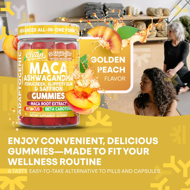 Clean Nutra Maca Root Gummies Ashwagandha Fenugreek Slippery Elm Saffron Hibiscus Beta Carotene Vitamin A for Women Macaroot Extract 60 Gummies Vegan Adaptogen Supplement Gummy Non GMO