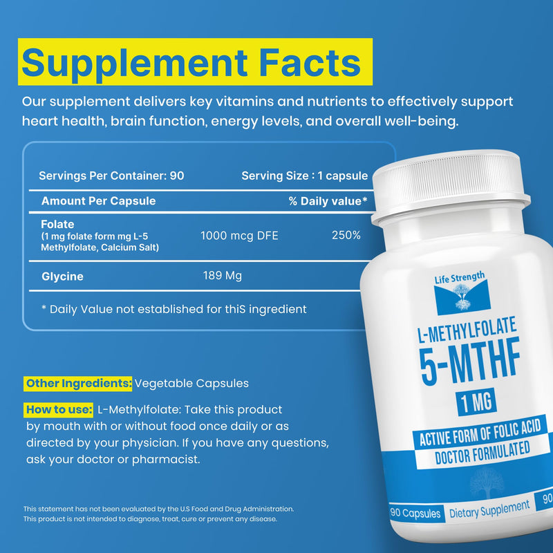 L Methylfolate 1mg | 180 Capsules | Optimized & Highly Bioactive Methyl Folate Supplement | 5-MTHF Supports for Energy, Focus & Mood | Non-GMO, Gluten Free, Vegan | 6 Month Supply 1 mg