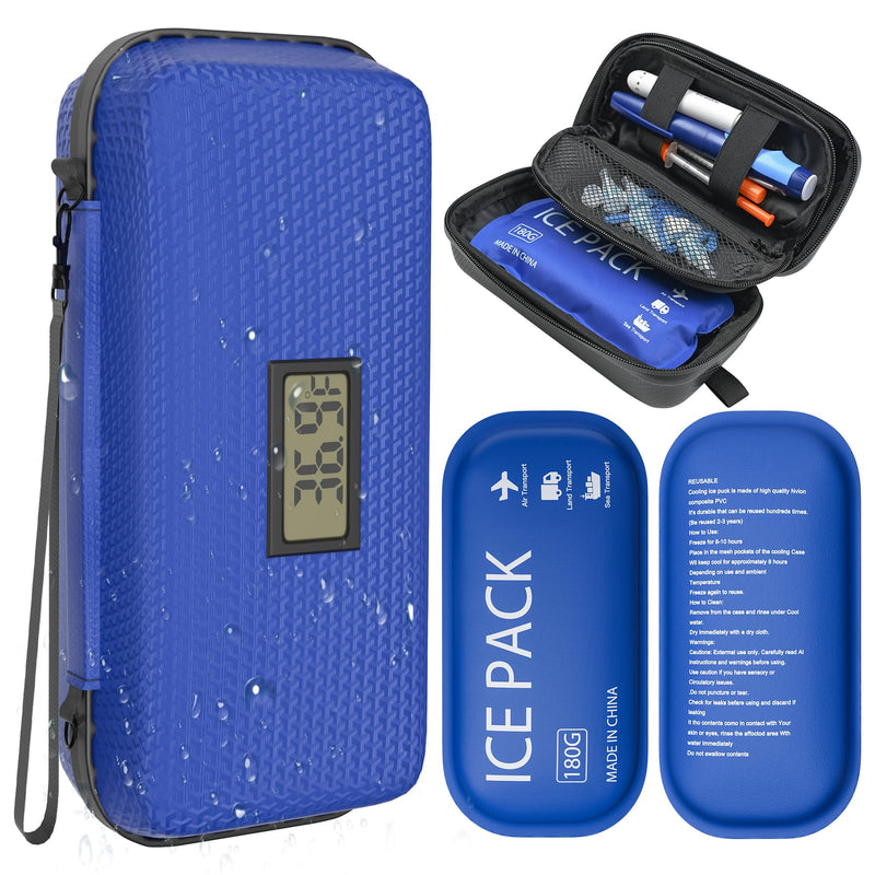 [Australia] - Insulin Cooler Travel Case TSA Approved Diabetic Medicine Cooling Bag with Digital Temperature Display, 2 Ice Pack Blue 