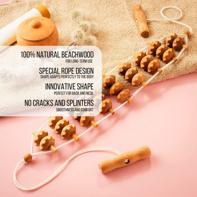 [Australia] - Mr.Woodware Wood Therapy Massage Tools - 2 Pcs Wooden Lymphatic Drainage Curved Roller Stick & Back Massager with Rope Massage Kit - Wood Massage Tools for Body Shaping, Sculpting, Maderoterapia Roller & Massager 