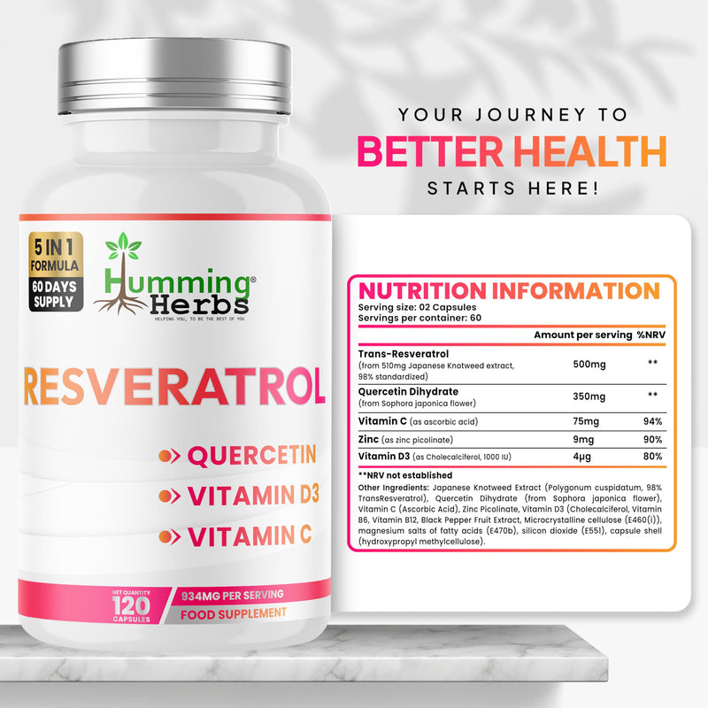 Humming Herbs Resveratrol with Quercetin, Vitamin C, Zinc & Vitamin D3-120 Vegan Capsules