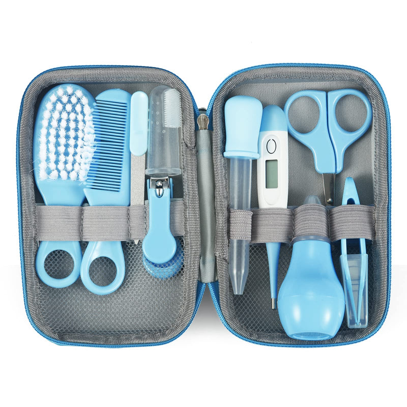[Australia] - PandaEar Baby Healthcare and Grooming Kit, Baby Safety Set Baby Comb, Brush, Finger Toothbrush, Nail Clippers, Scissors, Nasal Aspirator, Baby Essentials Nursery Care Kit (Blue) Blue 