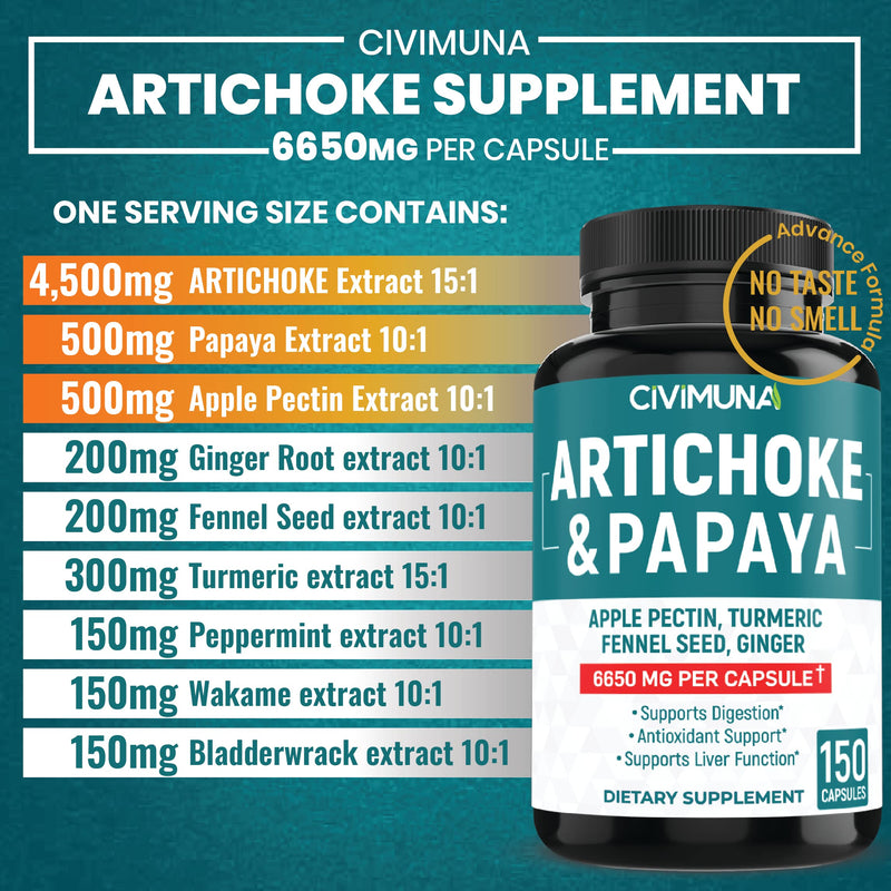 [Australia] - (5 Months Supply) Artichoke Capsules 6650mg - 150 Capsules - Artichoke, Papaya, Apple Pectin - 150 Count (Pack of 1) 