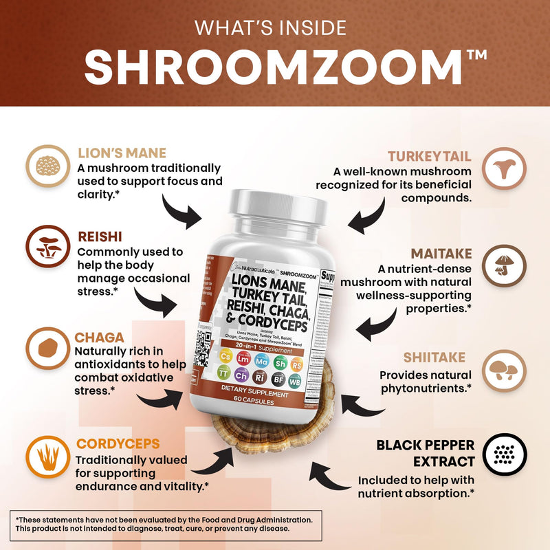 [Australia] - Clean Nutraceuticals Lions Mane 20in1 Mushroom Supplement with Turkey Tail Reishi Cordyceps Chaga Maitake Meshima Poria Cocos Shiitake Oyster Porcini Enoki - 1 Pack 