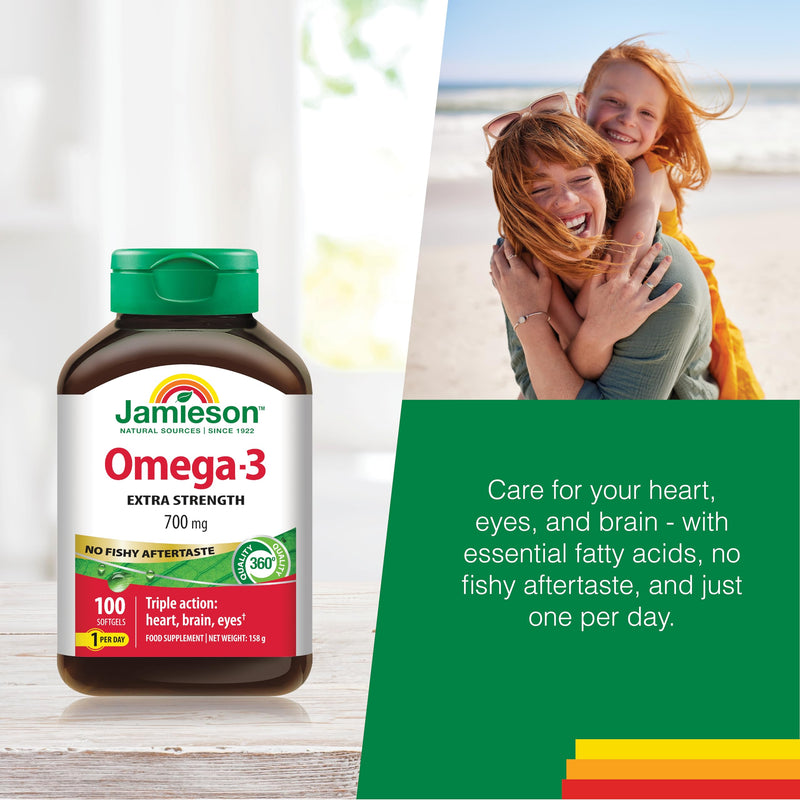 Jamieson Omega-3 Extra Strength 1,165mg Fish Oil with 420 mg EPA + 280 mg DHA, Heart, Brain & Eye Support, 100 Softgels, 3 Months Supply