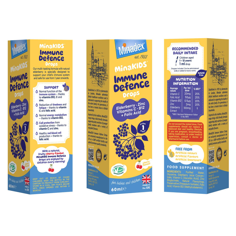 MinaKIDS Immune Defence Drops - Yummy Cherry Flavoured Liquid Supplement for Babies and Children with Elderberry, Zinc, Vitamin C & B12 and Folic Acid, Sugar-Free, Vegan, 60ml