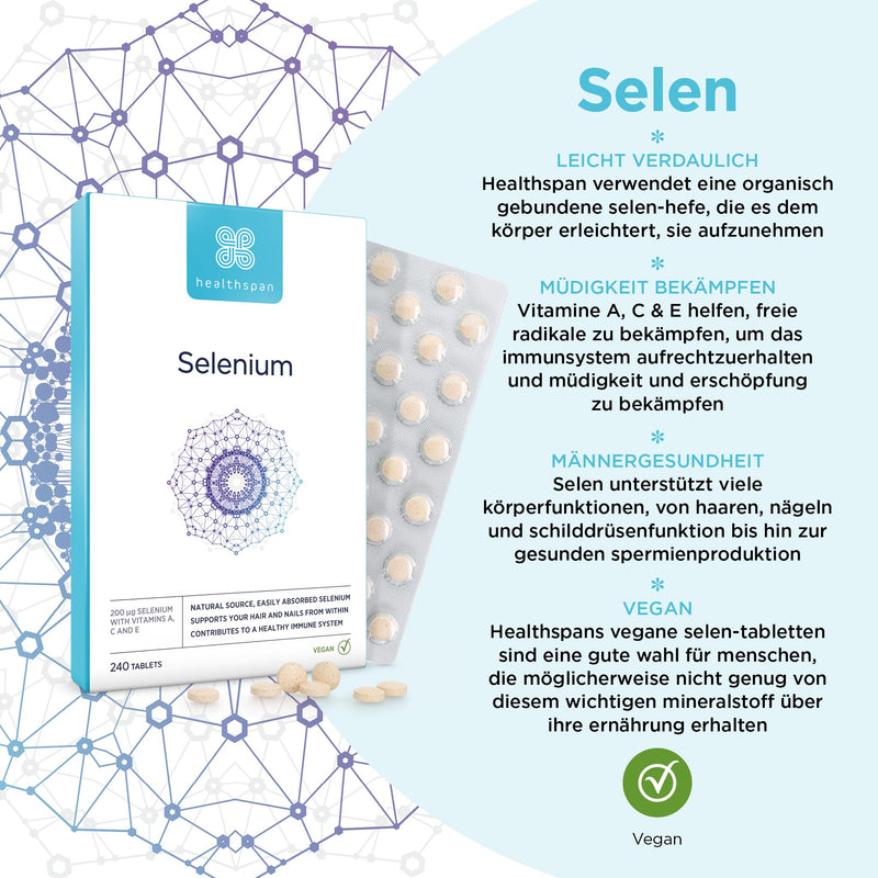 [Australia] - Healthspan Selenium | Highly absorbable | With Vitamin C, A & E | Support for hair, nails and skin health | Comprehensive support of the immune system & cell protection | Vegan | 240 tablets 