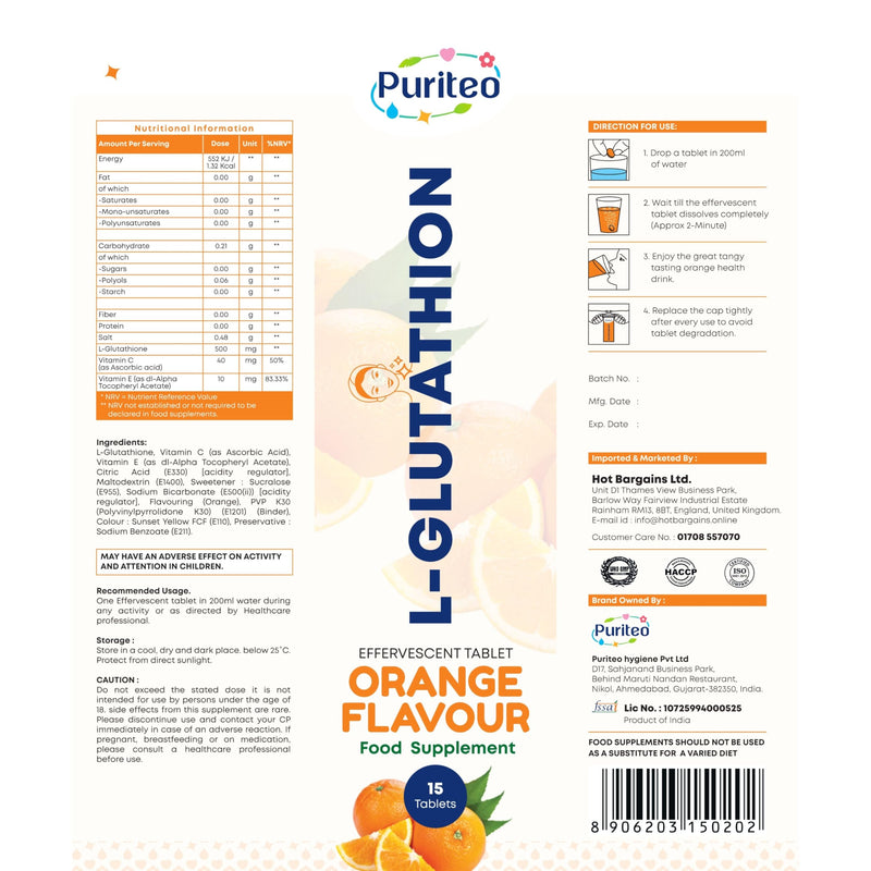 Hot Bargains L-Glutathione Effervescent Tablets – 30 Count | Orange Flavour | Skin Glow, Antioxidant & Natural Detox Support Supplements (One Size, Orange) One Size