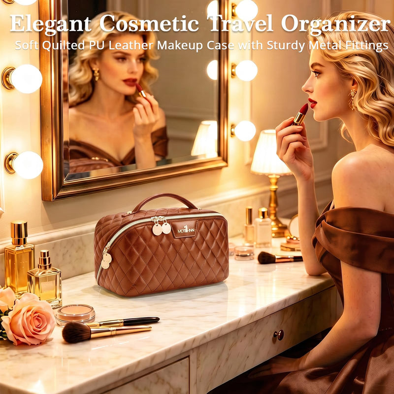 Travel Makeup Bags Cosmetic Organizer: 3Pcs Set Puffy Make up Bag for Women | Brown Premium Quilted ELEGANCE Design | Large Capacity Leather Toiletry Bags | Wide Open Compact Case for Travel Essentials 06 Brown