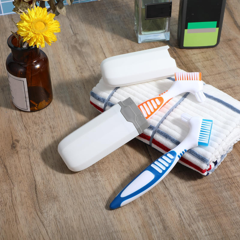 [Australia] - 2Pcs Denture Cleaning Brush Set, Denture Toothbrushes with Multi-Layered Bristles & Ergonomic Rubber Handle, White Carrying Case Orange & Blue 