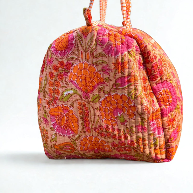 Large Orange Pink Cotton Quilted Duffle Bags Block Print Gifts Handmade Colorful Travel Night Travel Gym Yoga Luggage Pocket 18X9X9 inches