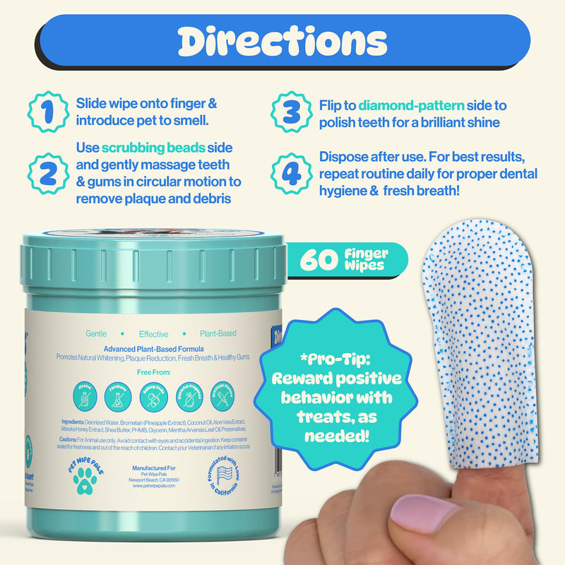 [Australia] - All-in-1 Dog Teeth Cleaning Wipes | Enzymatic Whitening + Micro Scrubbing Beads | No Mess, Pet Dental Wipes & Finger Tooth Brushing Kit | Plant-Based Dental Care for Cats & Dogs (60 Count) 