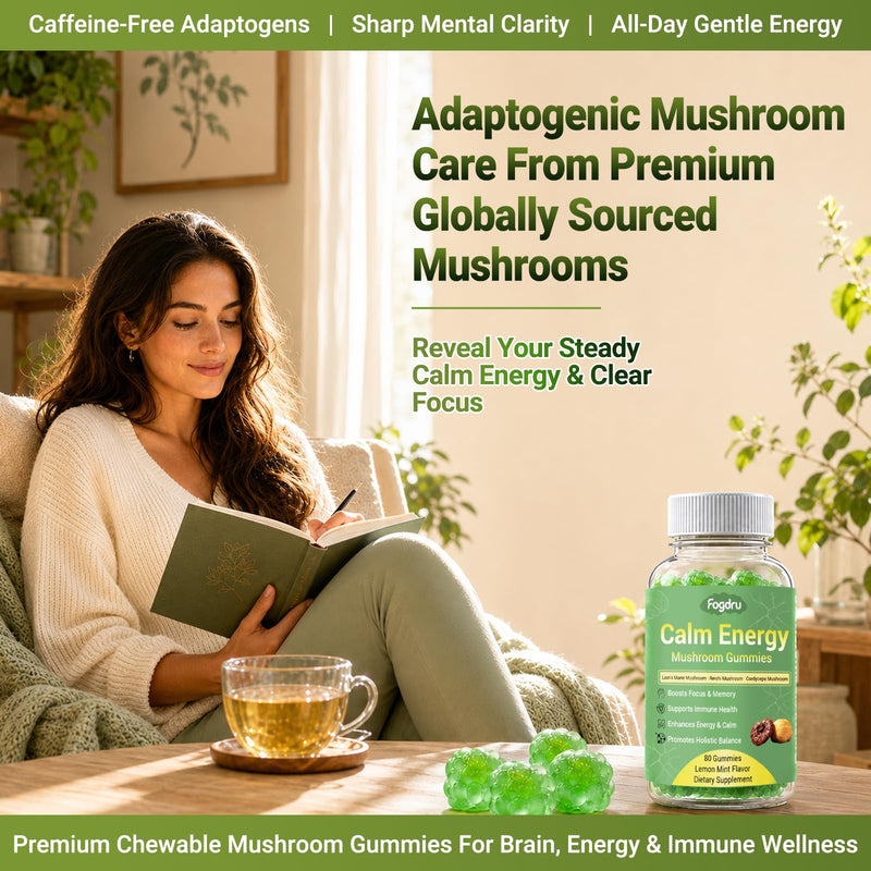 Calm Energy Mushroom Gummies with 10 Mushroom Blend, Magnesium L-Threonate, Vitamin C & D3 | for Focus, Memory, Immune Support & Balanced Calm Energy, Lemon Mint Flavor, 80 Gummies