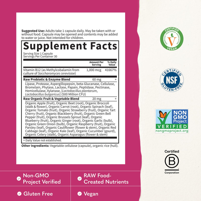 Garden of Life Vitamin Code Raw B-12 - 30 Capsules, 1,000mcg Whole Food B12 Methylcobalamin for Energy, Vegan Methylcobalamin Vitamin plus Probiotics and Enzymes, Gluten Free Supplements 30 Count (Pack of 1)