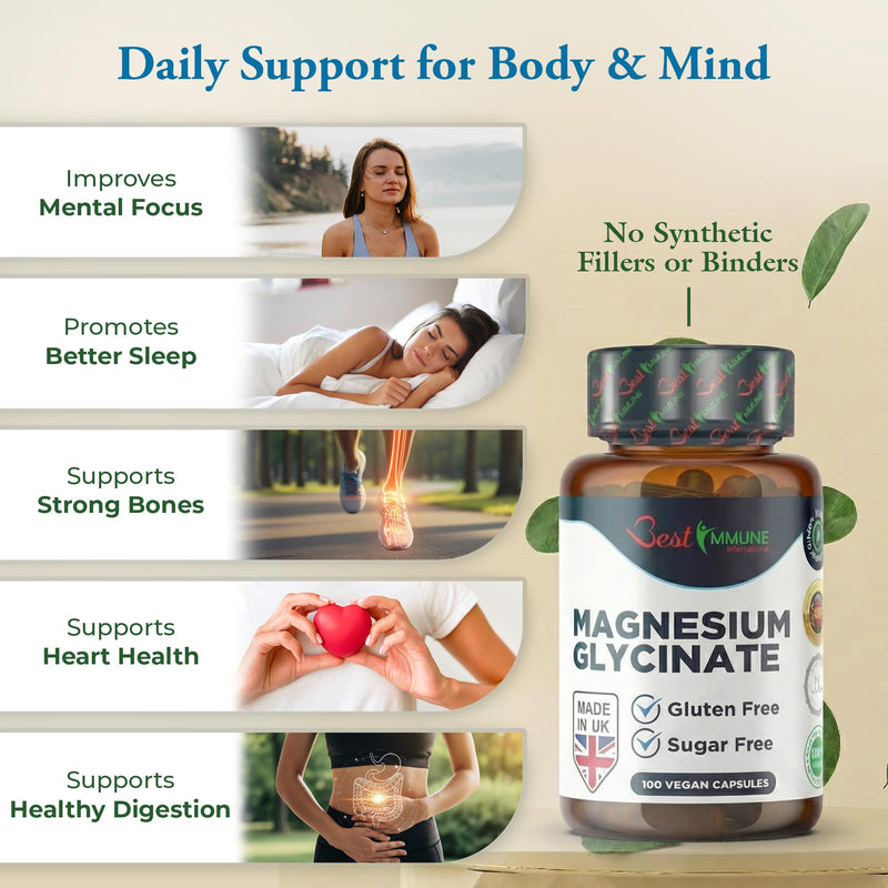 Best Immune, Magnesium Glycinate 1000mg per Serving - High Strength Magnesium Supplement for Absorption Bioavailability - Ideal for Energy Wellness, 120 Vegan Capsules 120 count (Pack of 1)