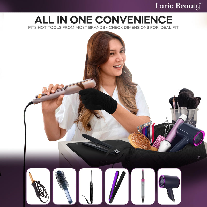 [Australia] - 2-in-1 Hot Hair Tools Travel Bag, Removable Heat-Resistant Silicone Mat, Clear Pockets for Accessories, Protects Surfaces from Burns, Ideal for Curling & Flat Irons, Includes Heat-Resistant Glove Black - Jet Luxe 