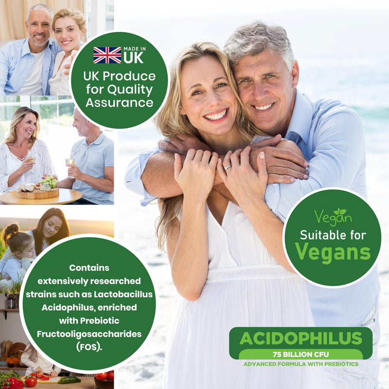 Acidophilus Probiotic Capsules 75 Billion CFU - 120 High Strength Vegan Probiotics for Gut Health with Prebiotics, Lactobacillus Acidophilus & Friendly Bacteria for Men & Women, Gluten Free, UK Made
