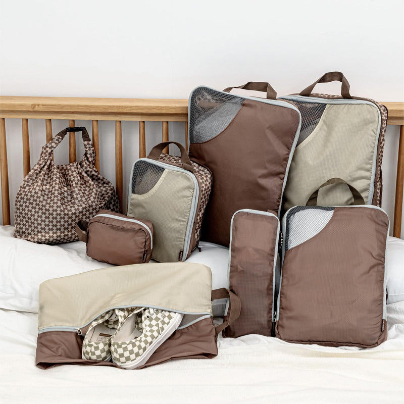 Oriday Set of 8 compression packing cubes for travel accessories- Expandable bags for clothing, toiletry, backpacks, organizing essentials (Beige) Beige