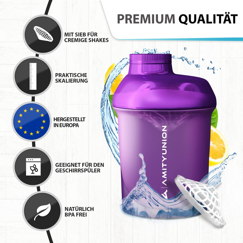 [Australia] - AMITYUNION Protein Shaker Purple Deluxe 400 ml - Protein Shaker Leak-Proof - BPA Free with Sieve & Scale for Creamy Whey Protein Powder Shakes - Gym Fitness Cup for Isolate Sports Concentrates Purple 