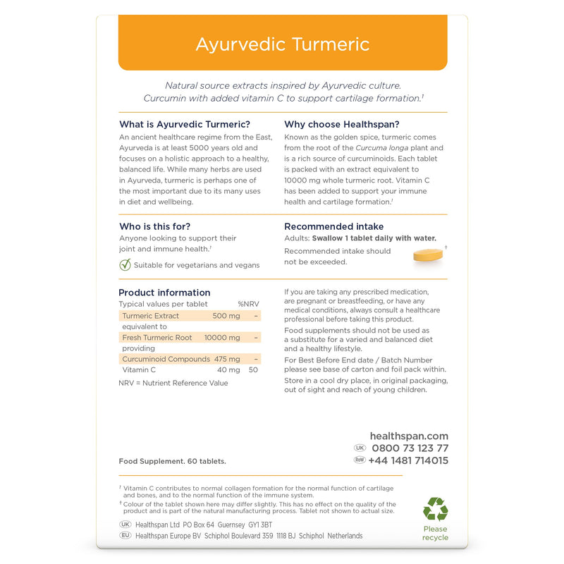 Healthspan Ayurvedic Turmeric | 60 Tablets | 95% high curcuminoid Content | Added Vitamin C | Supports Joint and Immune Health | Vegan Friendly
