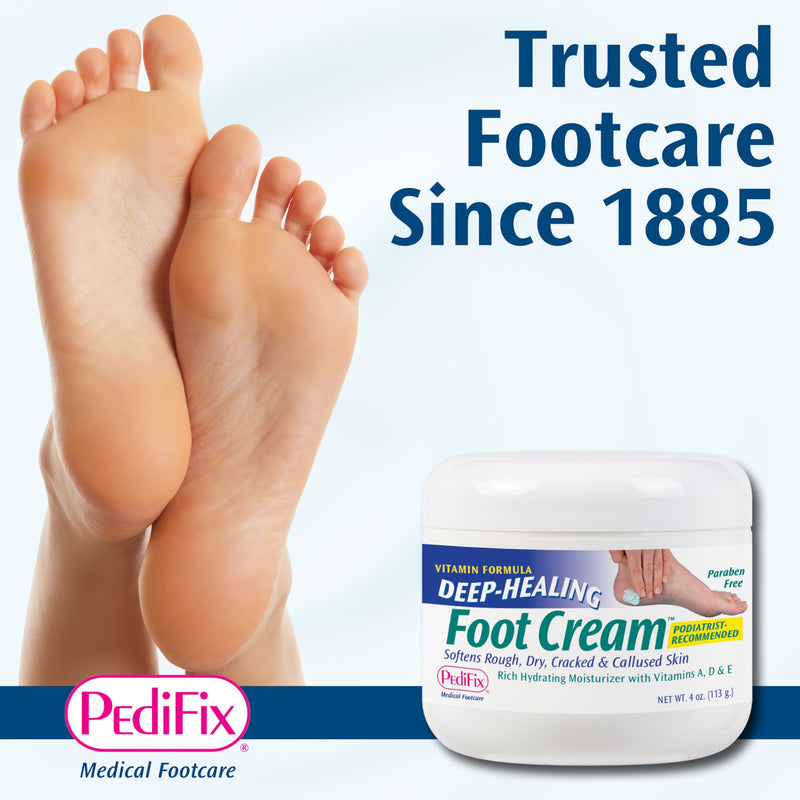 PediFix Deep-Healing Moisturizing Foot Cream, Vitamins A, D & E, 4 oz | Mineral oil and vitamins A, D and E moisturize dry feet and cracked heels. Concentrated cream absorbs without greasy residue. 4 Ounce (Pack of 1)