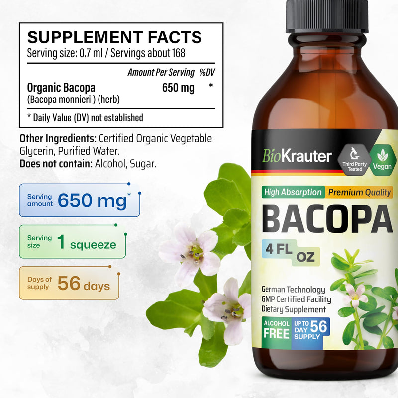 [Australia] - Bacopa Monnieri Organic Tincture - Cognitive Health Support Liquid Supplement - Organic Bacopa Herbal Extract - Alcohol & Sugar Free Vegan Drops 4 Fl.Oz. 4 Fl Oz (Pack of 1) 