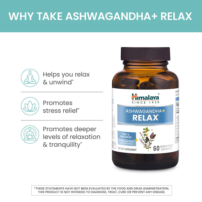 [Australia] - Himalaya Ashwagandha+ Relax, with GABA, Holy Basil & Chamomile for Reset, Relaxation & Stress Relief, Vegan, Gluten Free, 540 mg, 60 Vegetarian Capsules, 1 Month Supply 