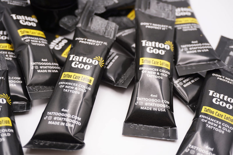 [Australia] - Tattoo Goo Tattoo Care Lotion, 50 Pk Travel Size, Soothes Itch & Irritation, Hydrate & Preserve Color, Non-Greasy Moisturizer, Aftercare Lotion with Olive Oil & Panthenol, No Petroleum or Mineral Oil 50 Count (Pack of 1) 