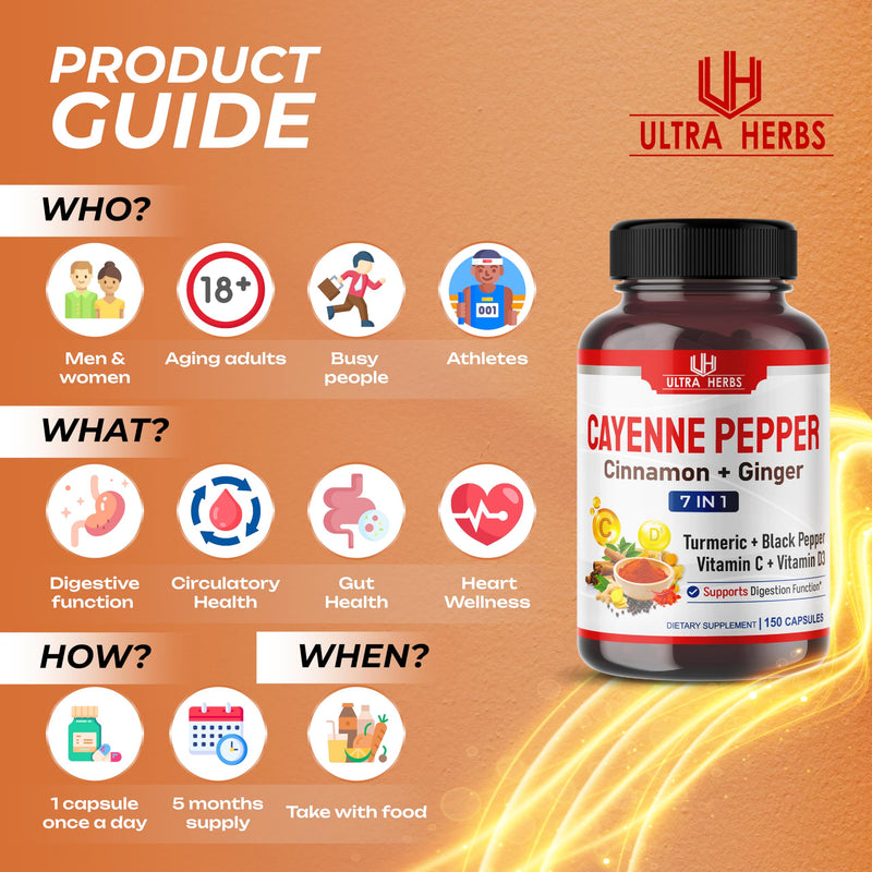[Australia] - Cayenne Pepper 7 IN 1 - 16,250mg - with Ginger, Turmeric, Cinnamon, Black Pepper - Promotes Digestive System Function (150-day supply (pack of 1)) 150-day supply (pack of 1) 