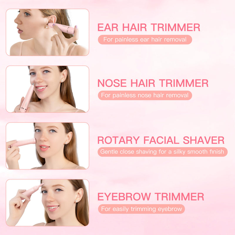 Nose Hair Trimmer for Women, 3in1 Electric Eyebrow Trimmer Waterproof Facial Hair Removal Rechargeable Hair Shaver Razor for Nose Ear Eyebrow Peach-Fuzz Lips Chin FT3001 Pink