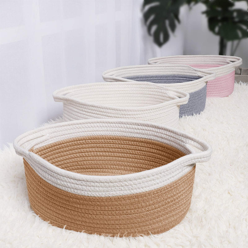 [Australia] - ABenkle Cute Small Woven Basket with Handles, 12"x 8" x 5" Rope Room Shelf Storage Basket Chest Box for Cat and Dog Toys, Empty Decorative Gift - White 1 Pack 