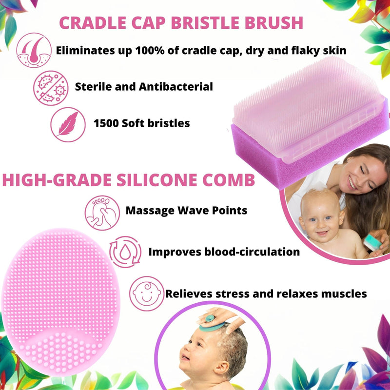 [Australia] - Cradle Cap Treatment Kit for Baby Girl | Baby Cradle Cap Brush for Babies - Baby Bath Essentials | Cradle Cap Comb & Baby Bath Sponge (Pink 6-Pack) 6-Pack Cradle Cap Kit - Pink 