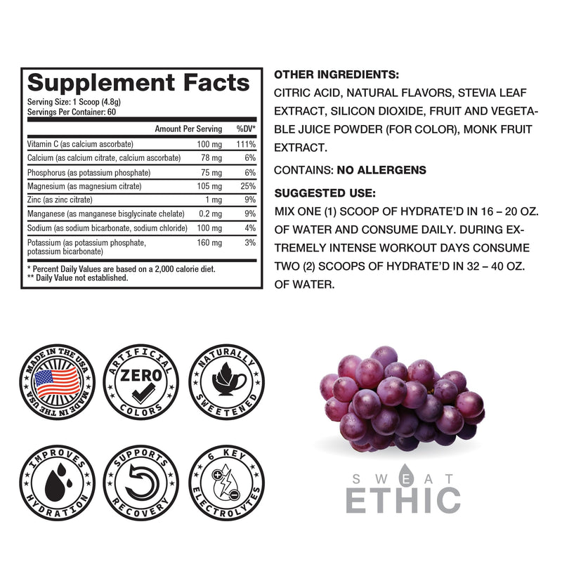 Sweat Ethic Hydrate’D Electrolytes, Electrolyte Powder with Potassium Magnesium & Vitamin C, Easy Mix Powder for Hydration & Performance Support, Natural Ingredients, Grape Flavor, 60 Servings 12 Ounce (Pack of 1)