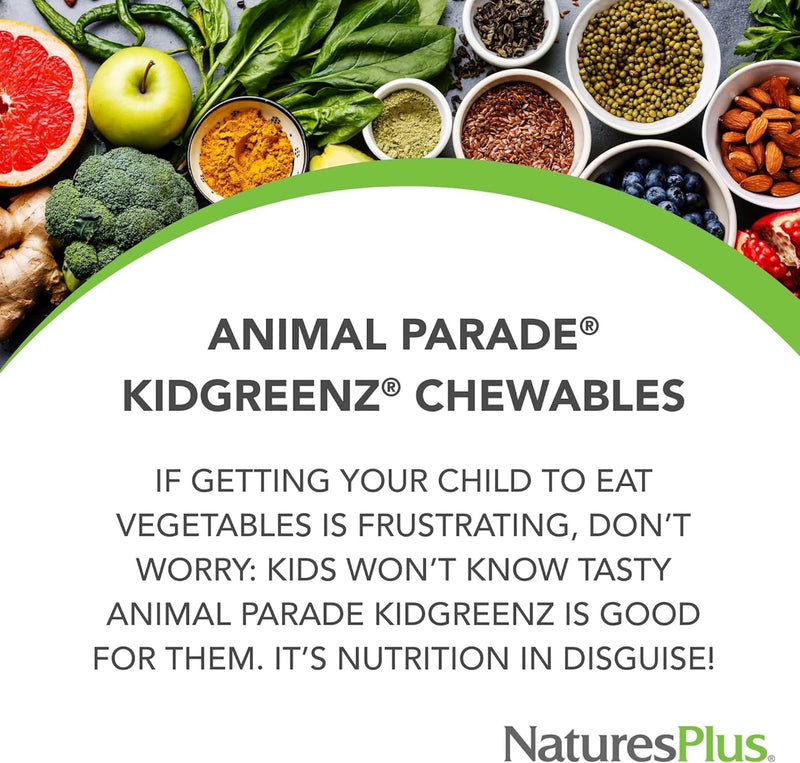 NaturesPlus Animal Parade KidGreenz - Green Superfood Blend for Kids - Tropical Fruit Flavour - Vegan, Gluten Free - 90 Chewable Tablets