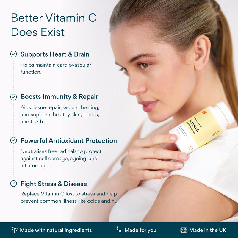 Bettervits Vitamin C Tablets 500mg with Bioflavonoids from Rosehip | Immune Support High Strength Vitamin C Supplements | Daily Wellness and Energy - 60 Capsules