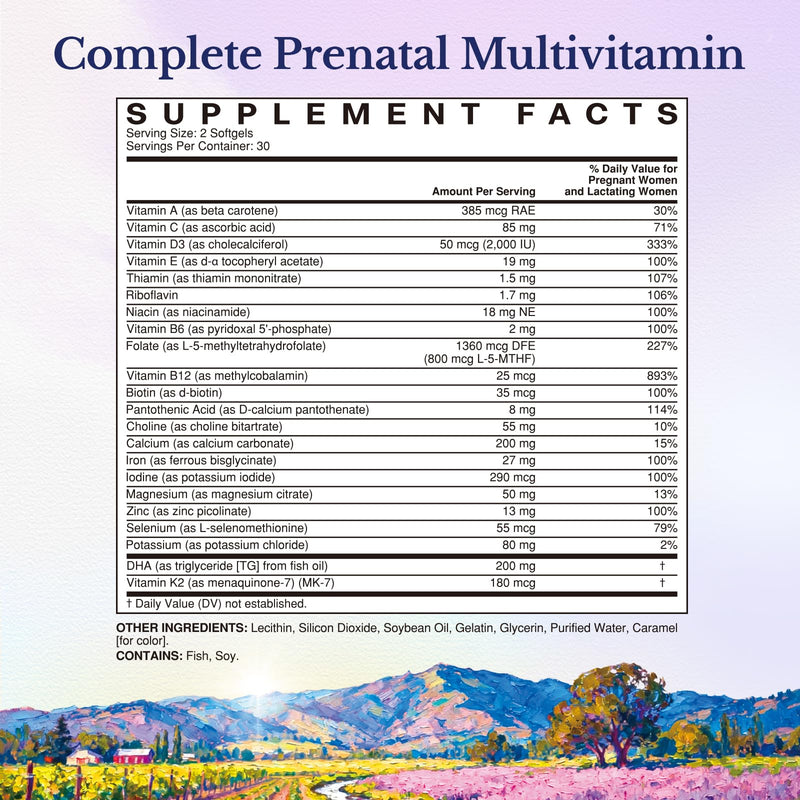 Vitalitown Prenatal Vitamins for Women, with Methylfolate, DHA & Choline, Healthy Growth and Brain Development, Supplement for Before, During, & Post Pregnancy, All Natural, 60 Softgels, Non GMO