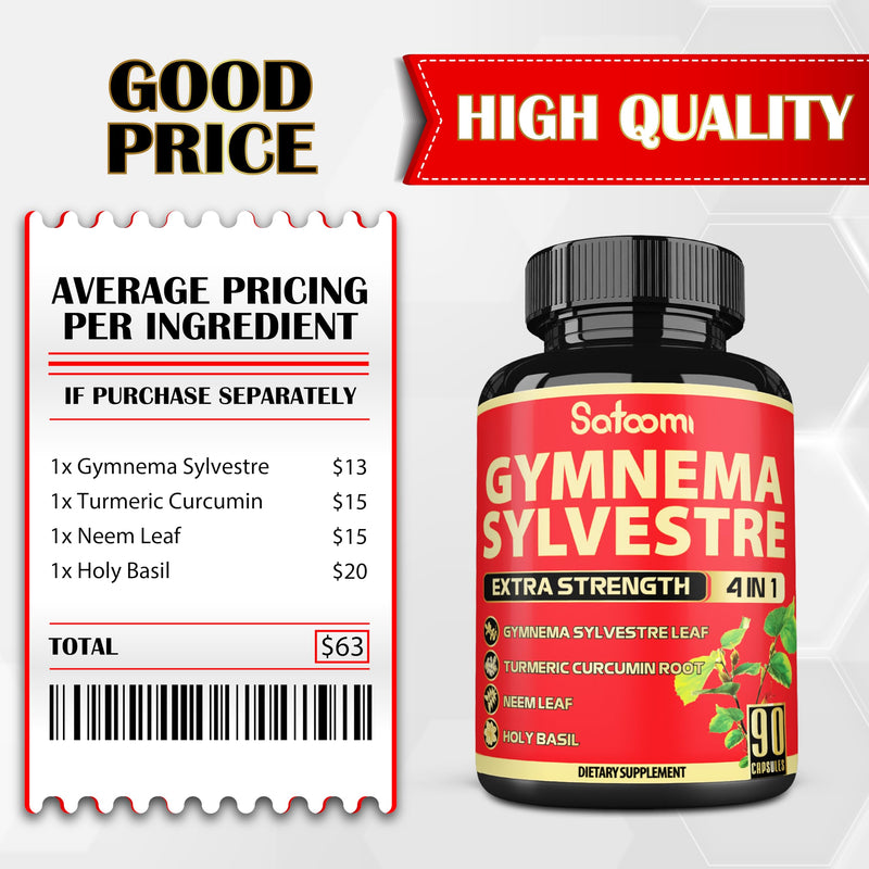 [Australia] - Satoomi Pure Gymnema Sylvestre Capsules Extract - 90 Capsules for 3-Month - Combined with Neem Leaf, Holy Basil & Turmeric Curcumin Root 