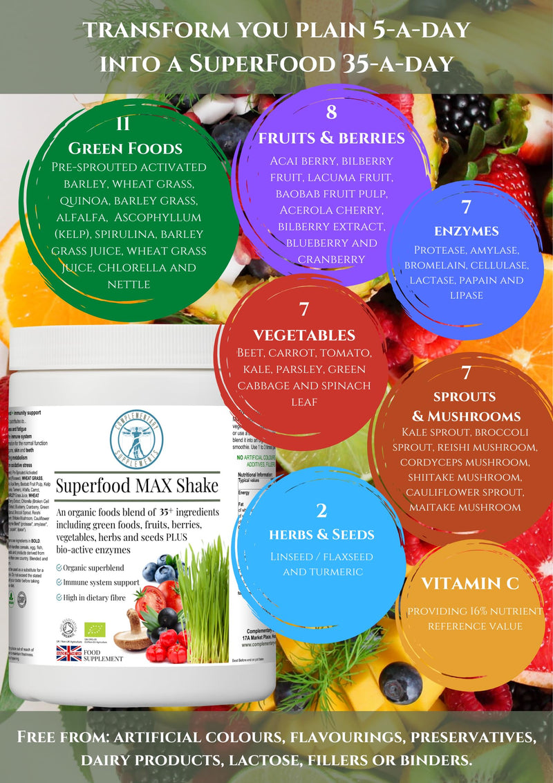 Superfood MAX Shake - 35 Superfoods - Organic Supergreens - 20 Servings - Pure & Vegan - 300g Powder