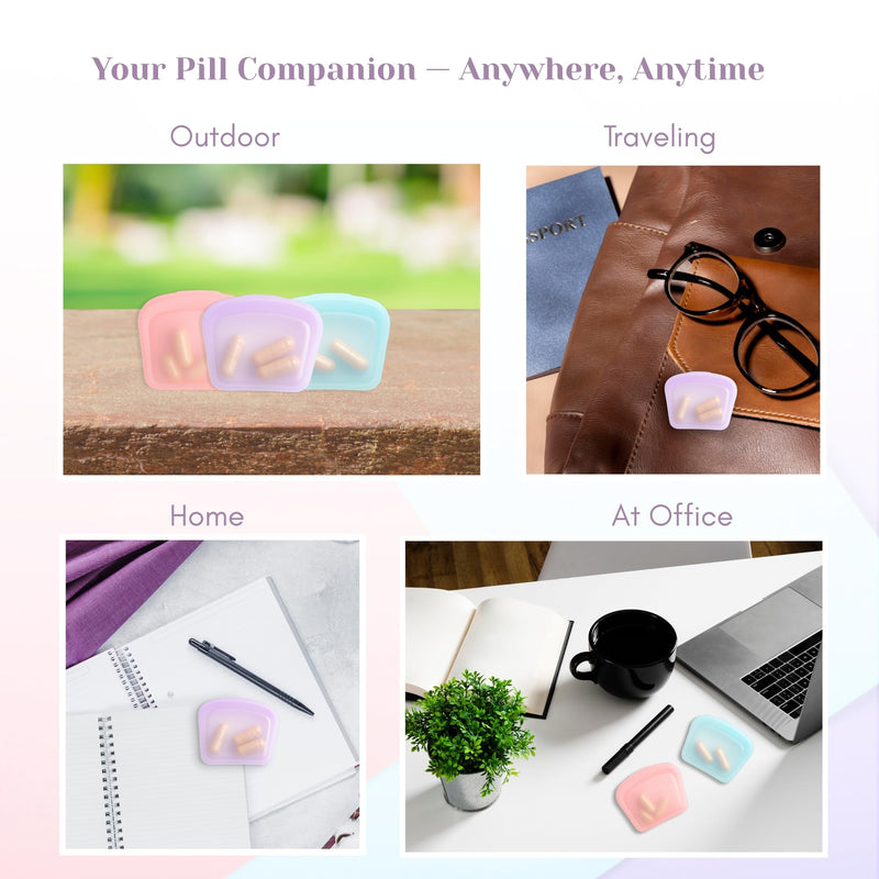 Silicone Pill Case, Portable Travel Medicine Organizer (Pink Blue Purple) | 3 pack compact pill box for vitamins, supplements & medication with waterproof, food-grade silicone design