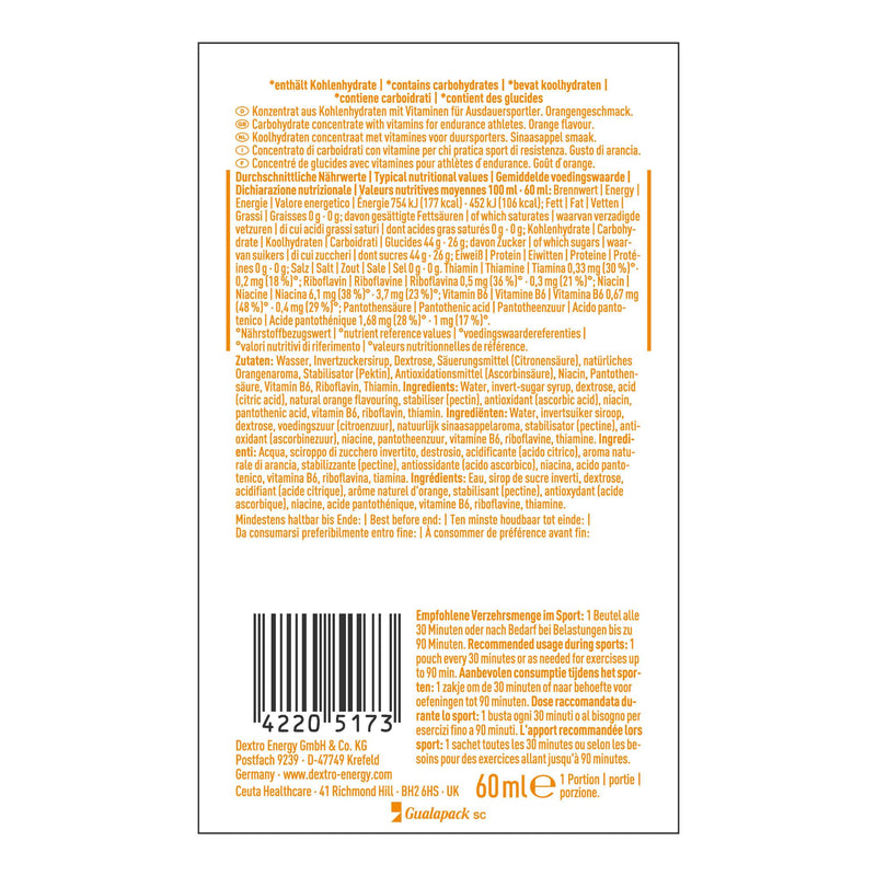 [Australia] - DEXTRO ENERGY LIQUID GEL ORANGE + VITAMINS - 18x60ml (pack of 18) - glucose concentrate from quickly available carbohydrates, energy gel, vitamin B6, energy bar alternative 