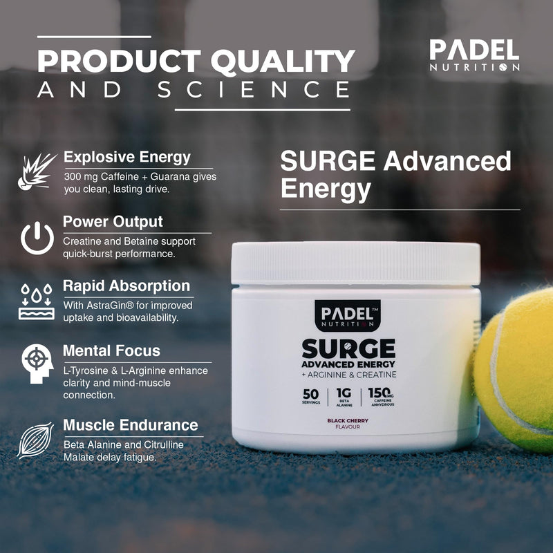 Energy Supplement for Padel Tennis - 50 Servings | Pre-Match Fuel for Tennis Players with Creatine, Caffeine & Arginine | Explosive Energy, Muscle Endurance & Mental Focus by Padel Nutrition Black Cherry
