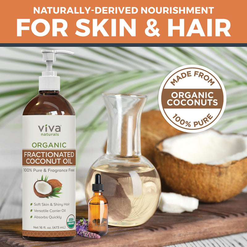[Australia] - Viva Naturals Organic Fractionated Coconut Oil - Skin & Hair Moisturizer, Relaxing Massage and Body Oil, Carrier Oil for Essential Oils Mixing, Pure Non-Greasy Coconut Oil for Skin and Hair, 16 fl oz 