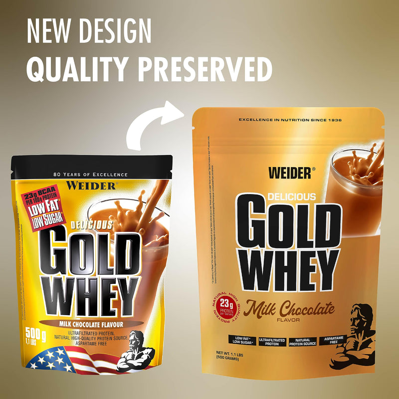 Weider Gold Whey (500g) Milk Chocolate Flavour. Ultrafiltrated Proteins from 100% Whey Protein Concentrate, 23g Protein/Serving, Low Fat, Low Sugar, Delicious, Extra Creamy Texture, Aspartme Free