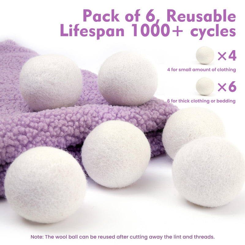 Wool Dryer Balls 6 Pack, Laundry Reusable Reduce Clothing Wrinkles, Natural Fabric Softener 100% Organic Premium New Zealand Wool, Lint Free, Anti Static, Dryer Balls for Dryers White