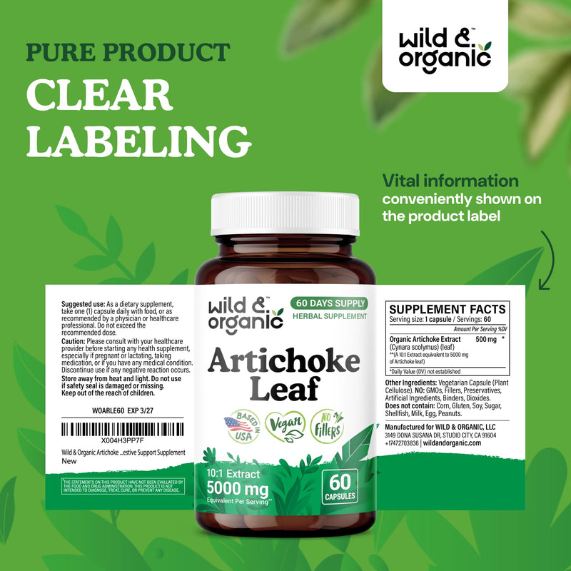[Australia] - Wild & Organic Artichoke Extract Capsules 500 mg - Liver & Digestive Support - Artichoke Leaf Extract Supplement - Cynara Scolymus Leaf Powder - Vegan, No Fillers, Non-GMO - 60 Count 